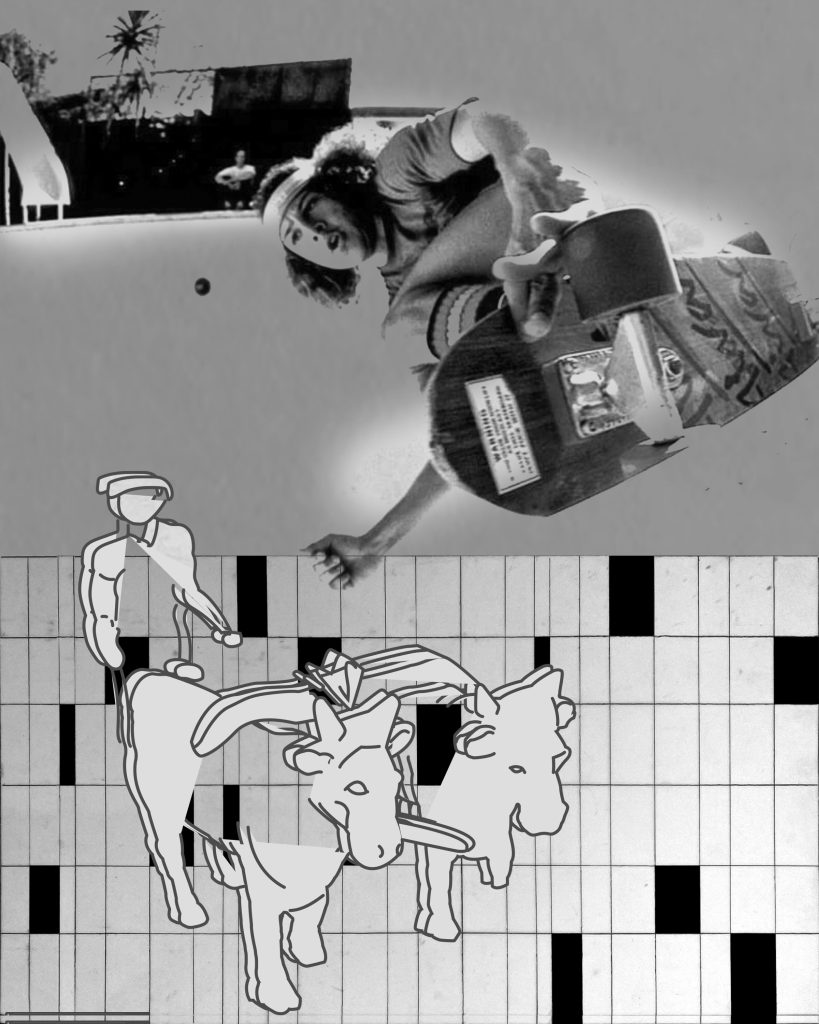 artwork by B.G. Madden, skateboarder with line drawing of farmer against a grid